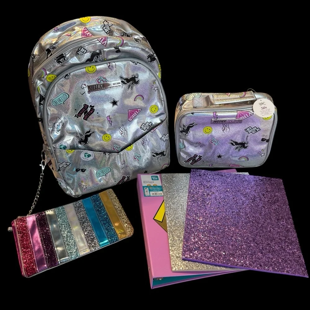 NEW Justice Silver Holo Backpack Book bag Lunchbox Binder Folders Pencil Case